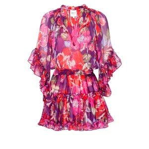 MISA LOS ANGELES Ximena Mini Bell-Sleeve Floral Chiffon Dress in Coming up roses